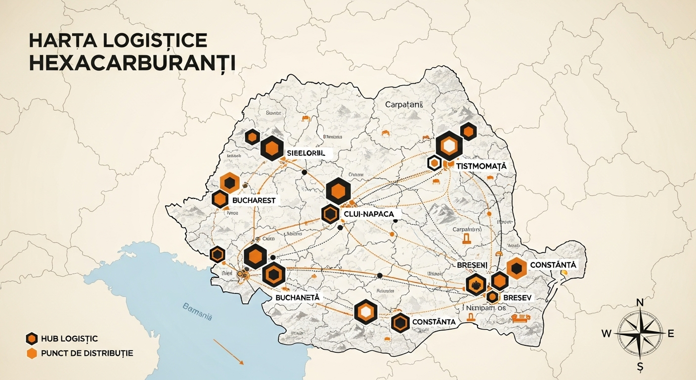 Harta României cu hub-urile logistice HexaCarburanți